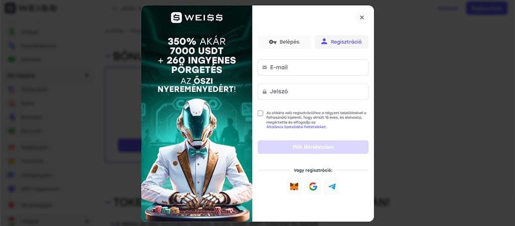 Weiss Casino, regisztráció, ingyenes pörgetés