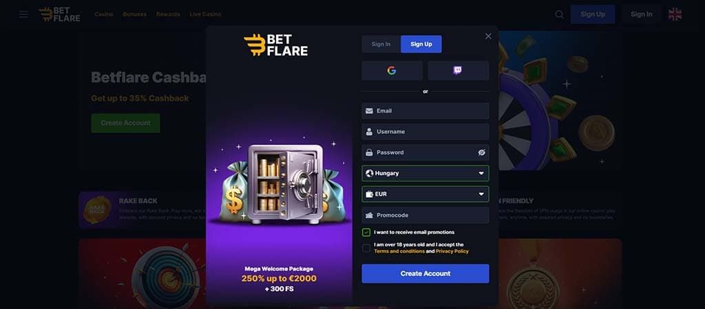 Betflare Casino, regisztráció, online casino