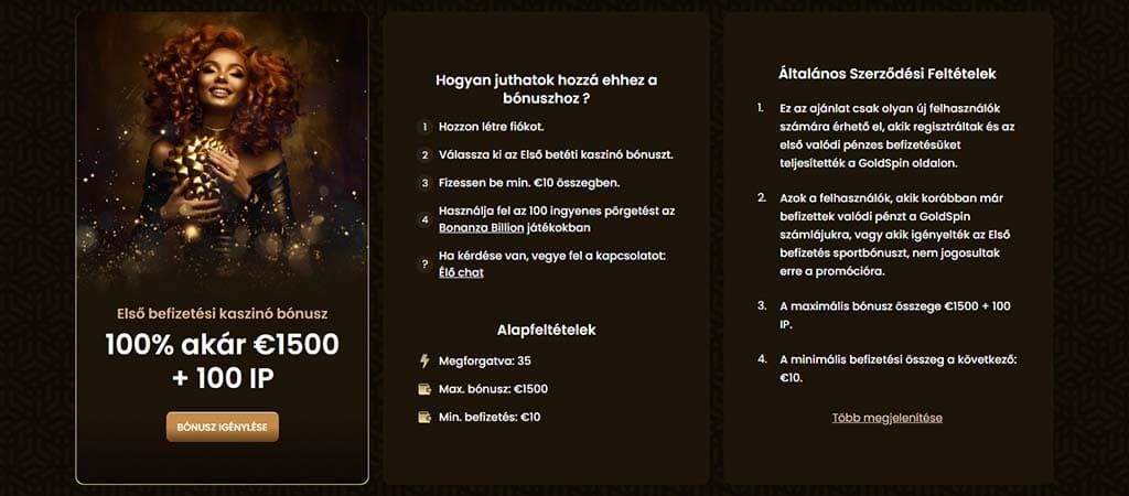 GoldSpin Casino, Üdvözlő bónusz, ingyenes pörgetés