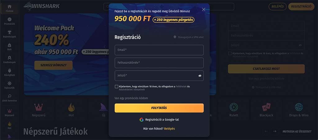 winashark casino, regisztráció, online kaszinó