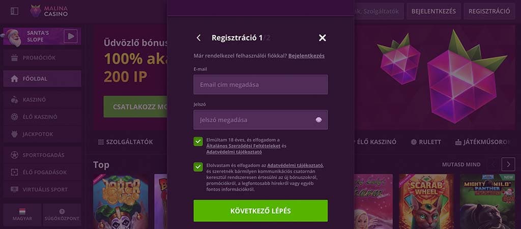 regisztráció, online kaszinó, malina kaszinó